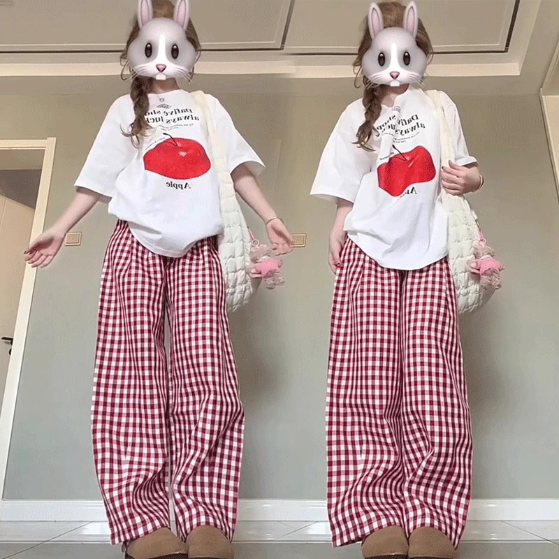 多巴胺风格休闲套装时尚18-20岁大学生洋气少女装格子长裤两件套