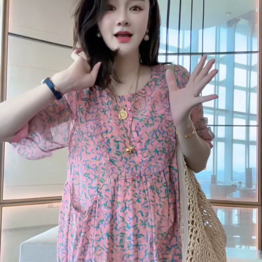 【丝芙玉禄】(B102)真丝圆领胸前打揽时尚桑蚕丝女装连衣裙