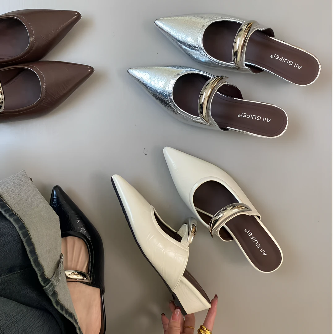 梦梦家/GUIFEI 966-1 法式尖头包头半拖鞋女2025新款小坡跟凉拖鞋