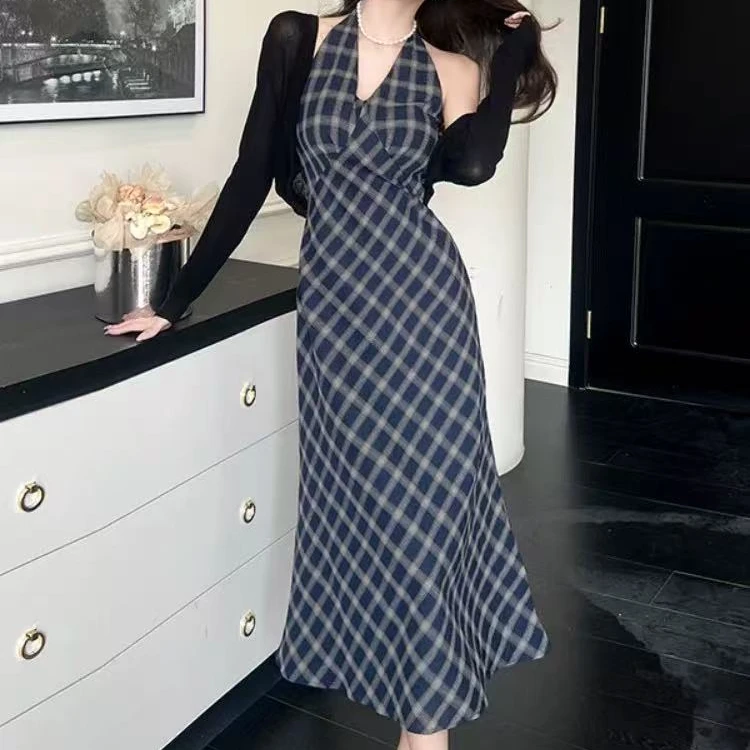 [DARUI]复古格纹显瘦设计感连衣长裙搭配宽松针织披肩两件套5029