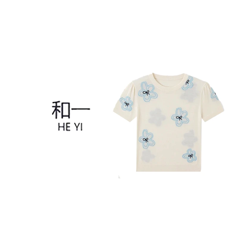 HY 夏季女花朵毛针织衫花卉针织短袖轻奢白色时髦小姨风