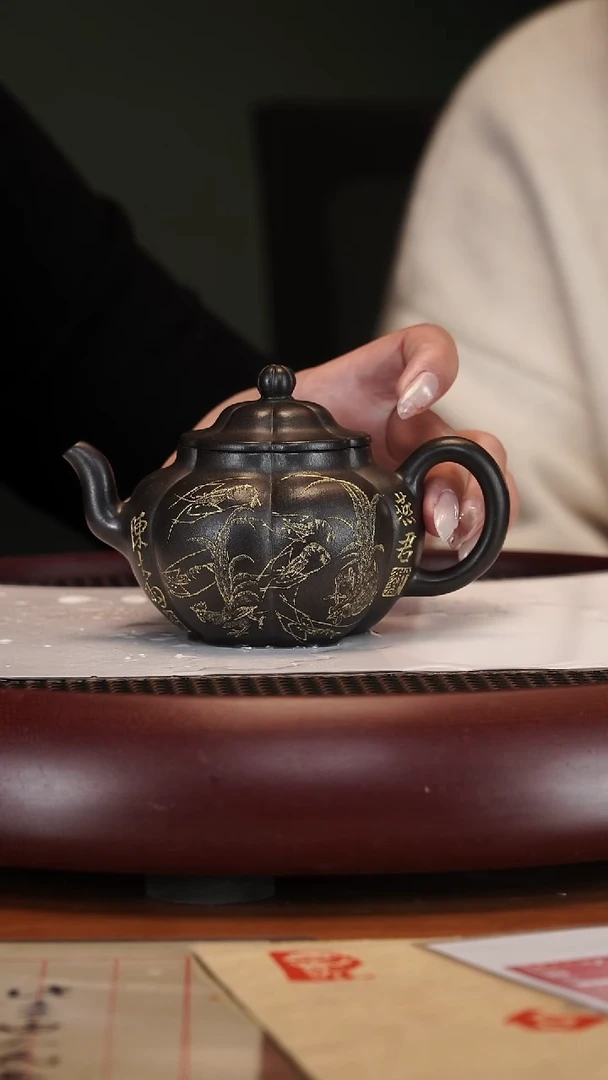 【闪购商品】紫砂茶壶2-89QYJ六瓣菱花高黑料200cc