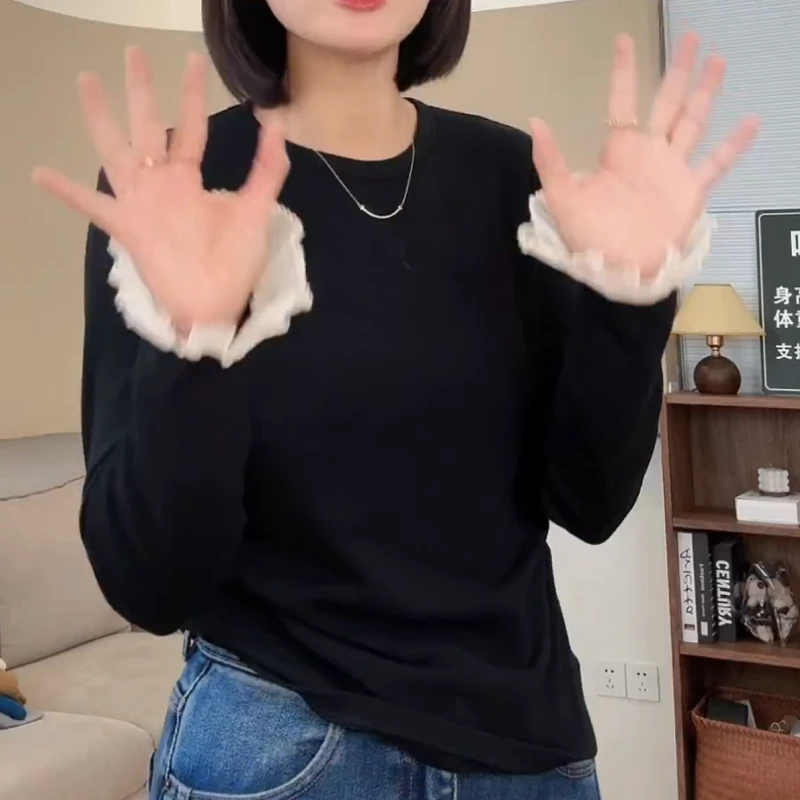 【露思T】简约气质磨毛袖口花边褶皱圆领显瘦收腰打底LK2507395