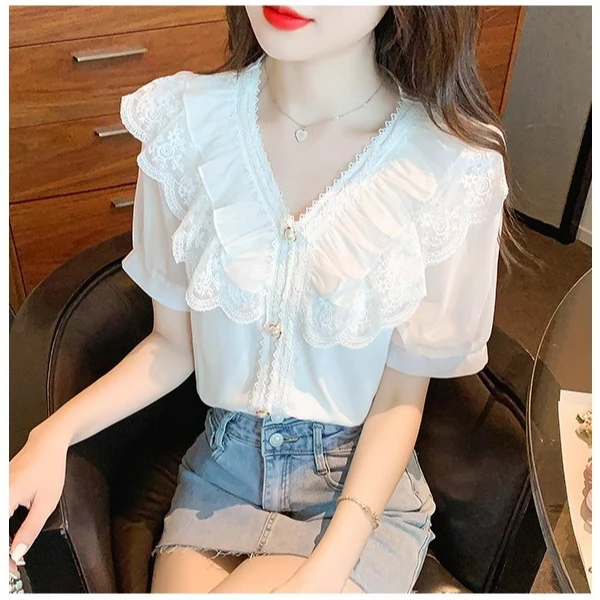 夏季新款洋气气质蕾丝荷叶边v领泡泡短袖百搭小衫雪纺衬衫上衣女