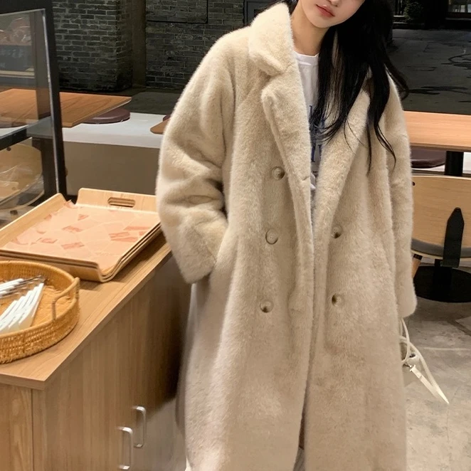 D397秋冬西服领毛毛加厚大衣时尚显瘦高端长款外套女