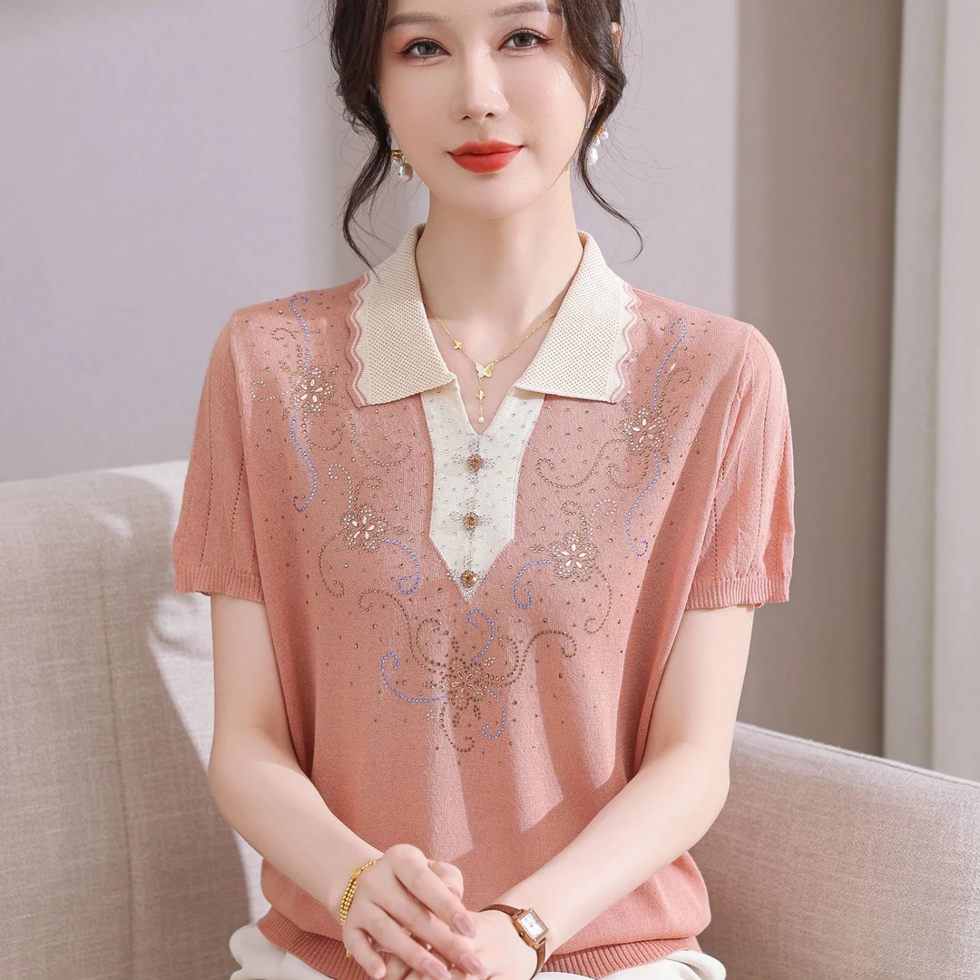 2025新款妈妈夏装洋气短袖T恤高贵小衫中老年女翻领冰丝夏季女装
