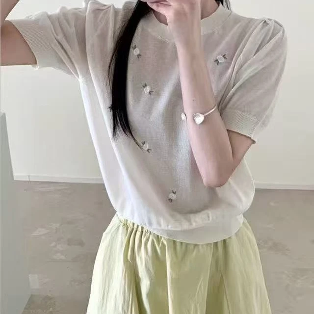 【张总定制】刺绣糖果云朵亚麻短袖女针织衫23965
