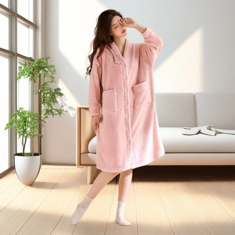 冬季柔软舒适长袖中长款晨袍春秋睡袍优雅女士大码睡衣浴袍宽松
