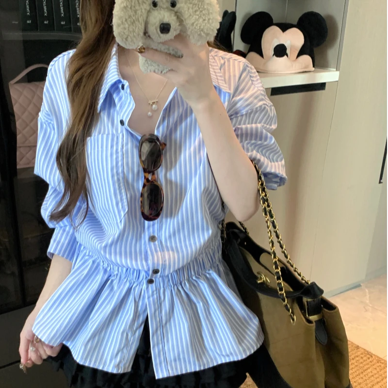 大码韩系条纹衬衫女秋季新款胖mm遮肚显瘦设计感小众收腰长袖上衣