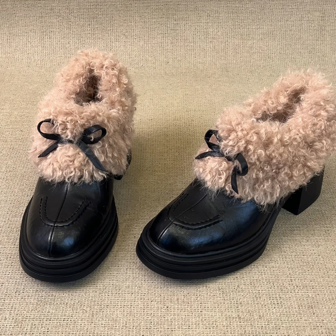 RubyL/7.5cm小个子复古风通勤百搭蝴蝶结圆头粗跟毛毛单鞋女款