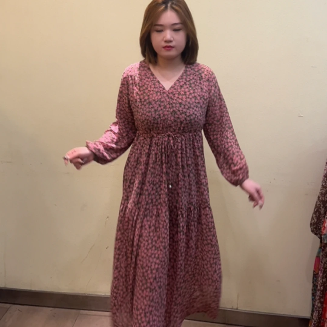 2025年新款时尚气质长款长裙优雅纱料长袖抽腰款大码连衣裙