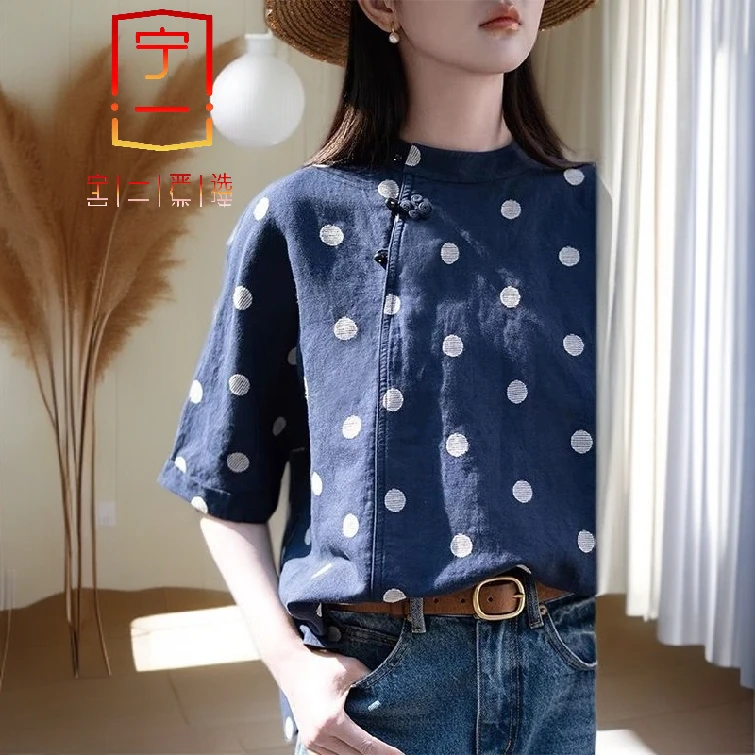 【宁一女装】时尚洋气显瘦外贸百搭文艺减龄波点印花棉麻衬衫女休闲