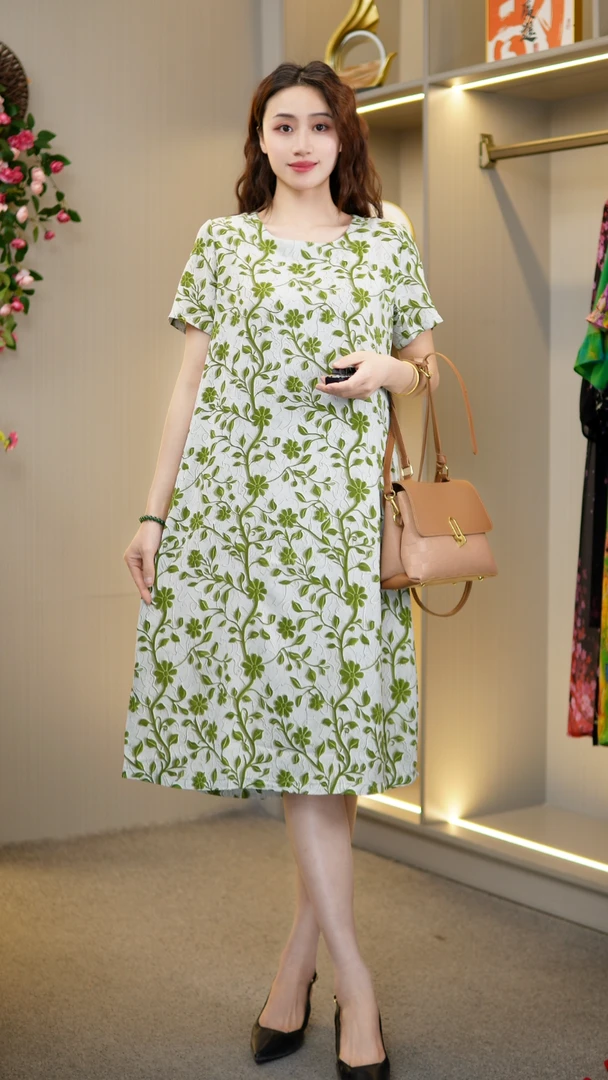 新款妈妈装长裙显瘦直筒洋气【绿色节节攀升】时尚气质YL