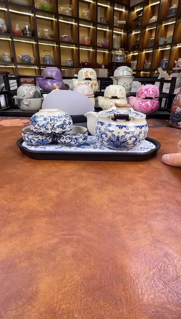 瓷片新款汝窑青花宝瓶旅行套装+青花盘