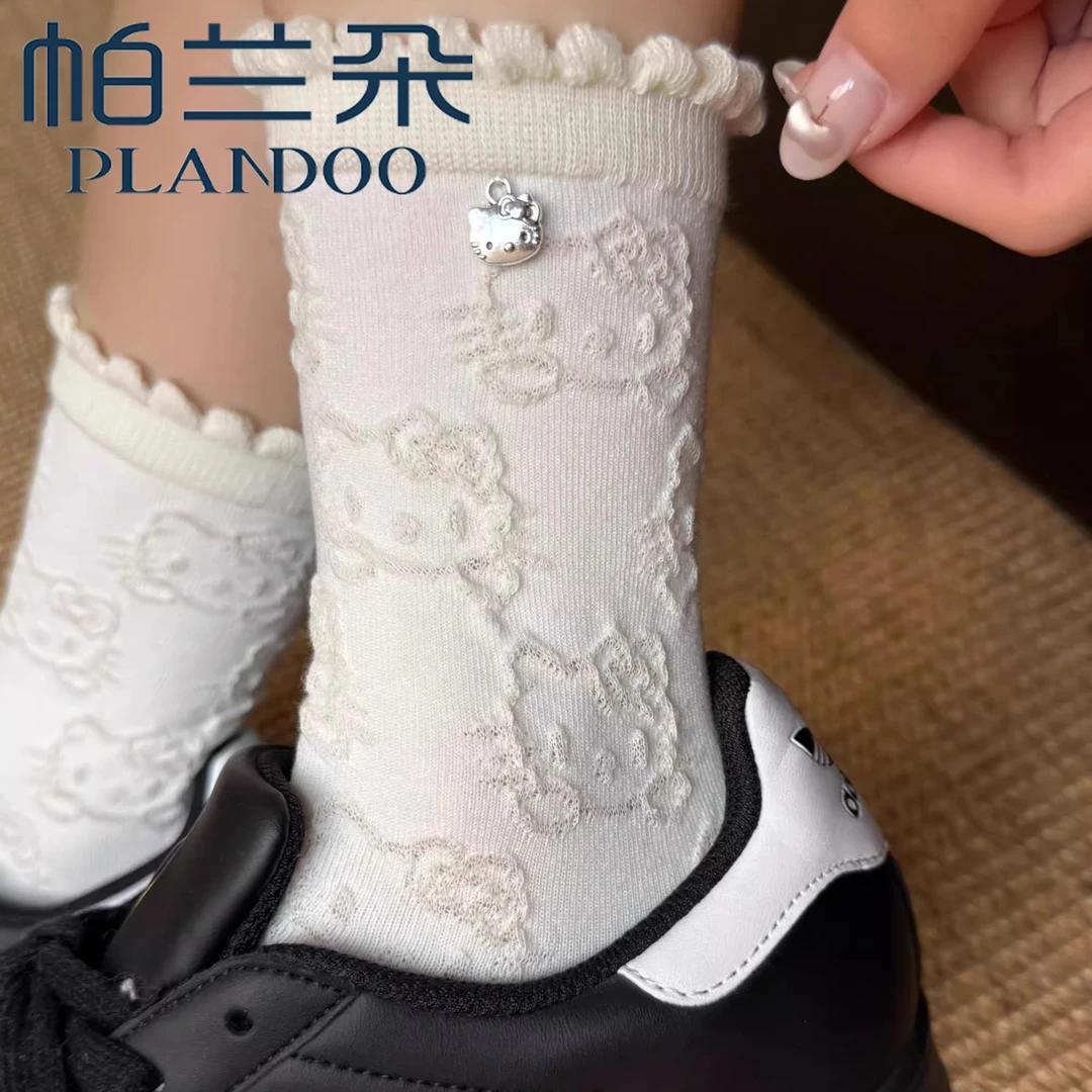 Hello Kitty袜子女花边堆堆袜卡通Kitty吊坠棉袜可爱春秋季中筒袜