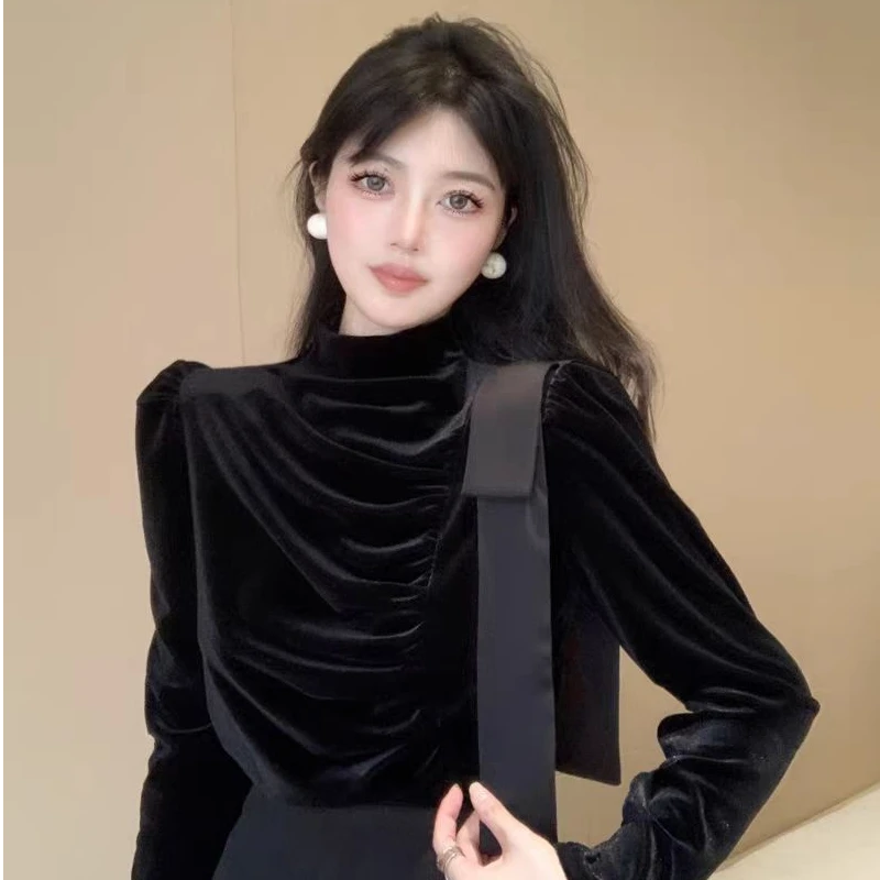 春装新款金丝绒设计感蝴蝶结飘带半高领长袖上衣小衫