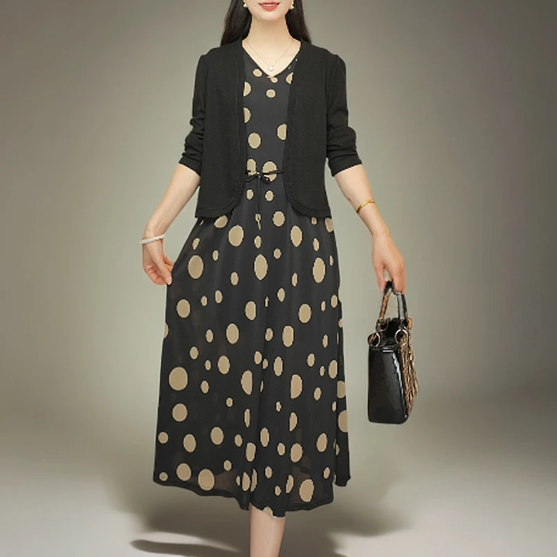 【新款】两件套装碎花显瘦时尚百搭印花连衣裙+长袖外披两件套