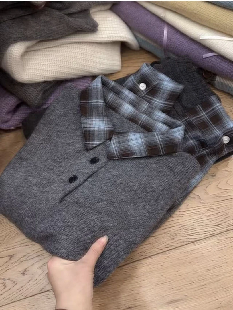 A3七言家  假两件格子衬衫拼接毛衣3