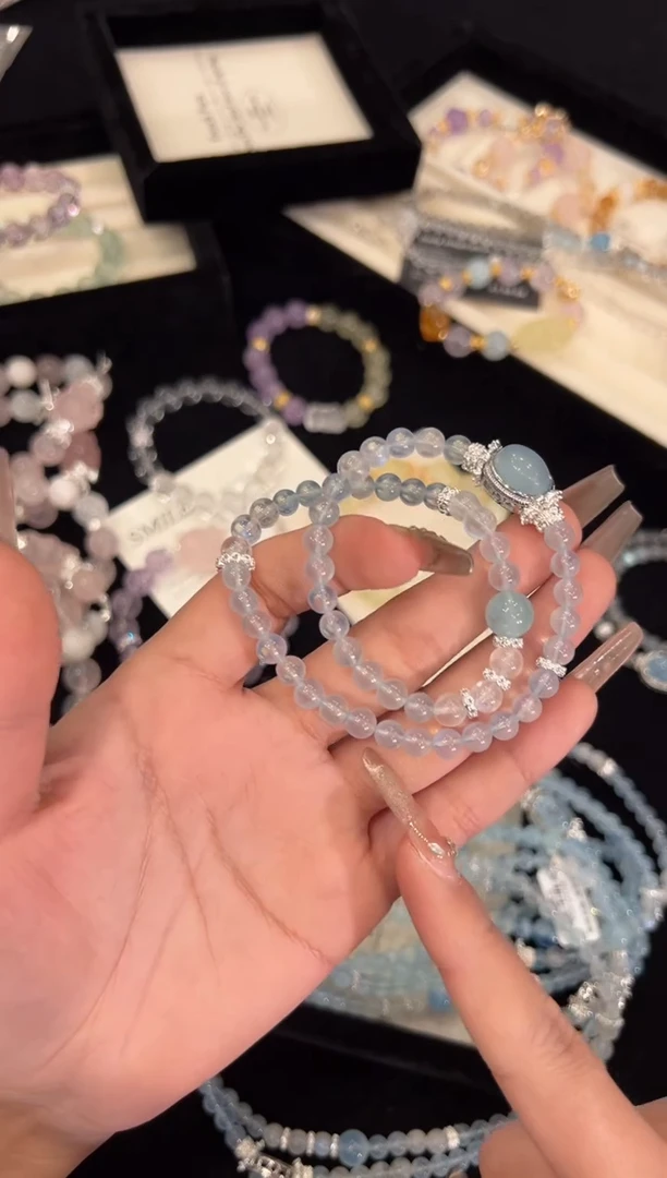 【闪购商品】水晶手链合金海蓝宝双圈手链x1227