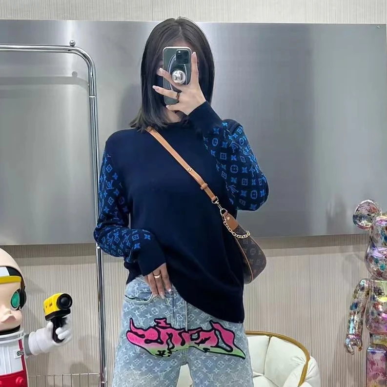 未使用 LouisVuitton/路易威登 侧臂满印针织长袖 黑蓝色/XS