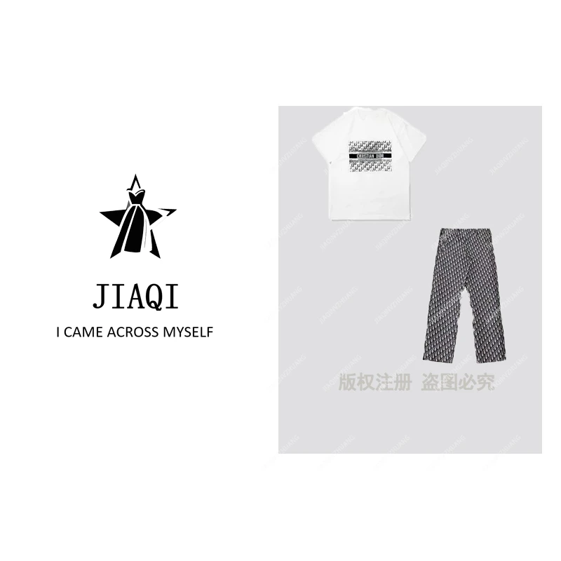 【佳琪高奢】时尚字母烫钻短袖高腰阔腿裤套装