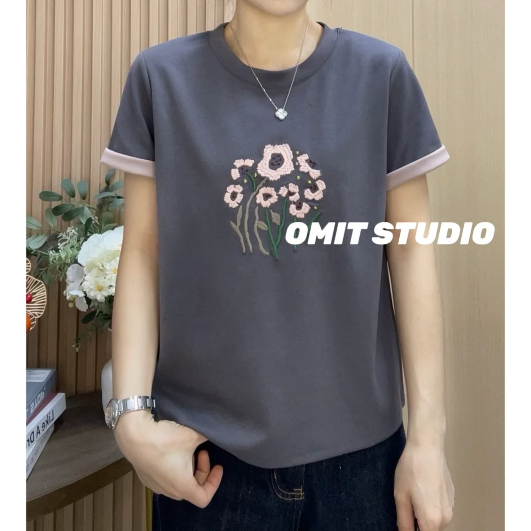 【小粉花】新款双色双面刺绣韩版重工常规短袖