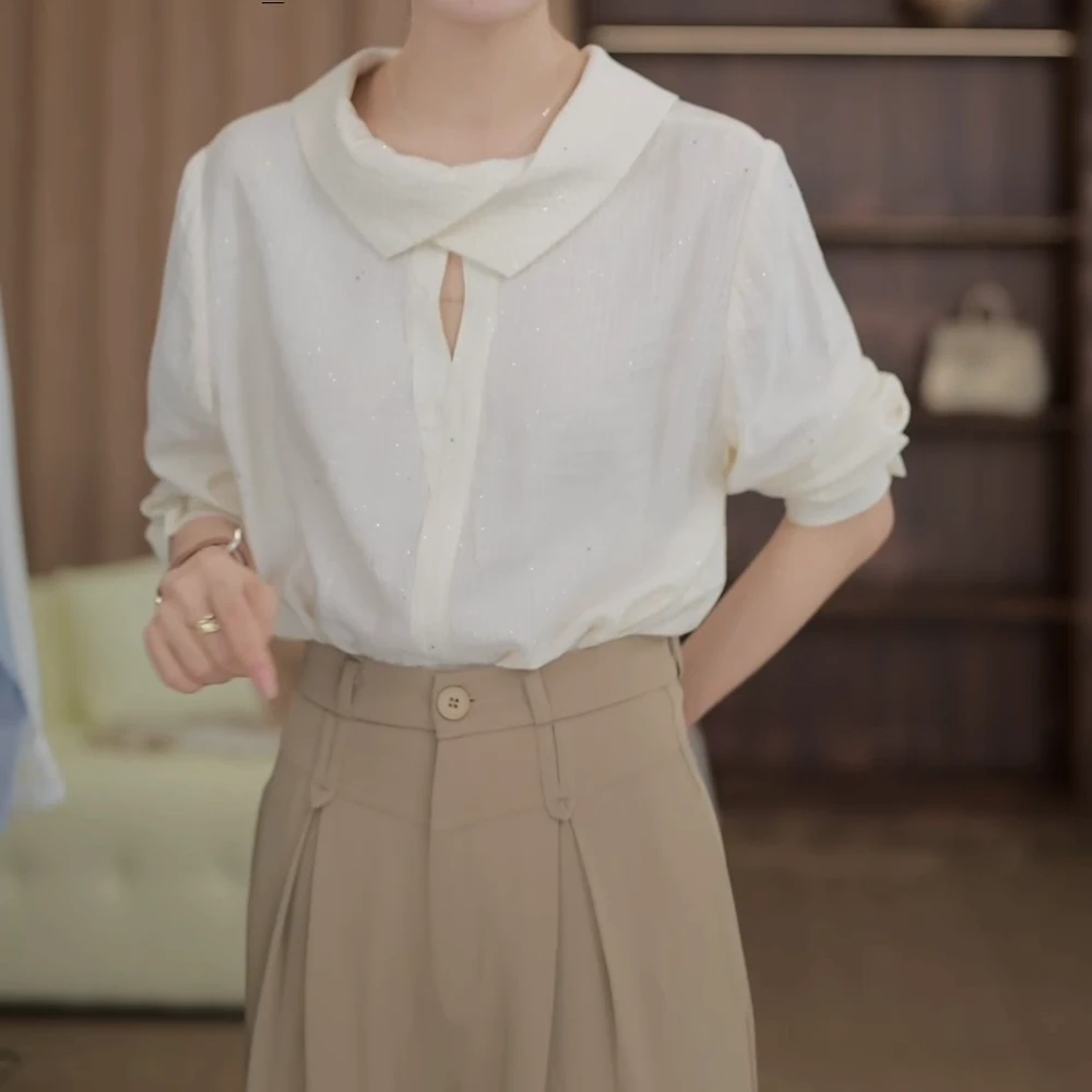 【称心如意】春夏上新气质轻奢设计感百搭暗条纹细闪宽松长袖衬衫