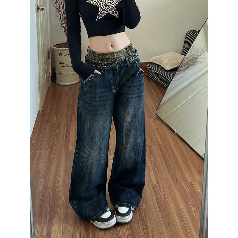 美式复古洗水做旧豹纹旧双层腰牛仔裤2025秋冬新款显瘦阔腿裤