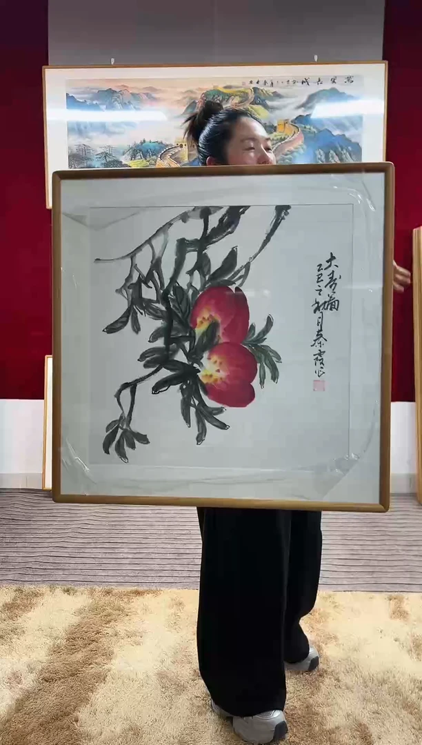 国画手绘斗方寿桃实木带框62*62厘米