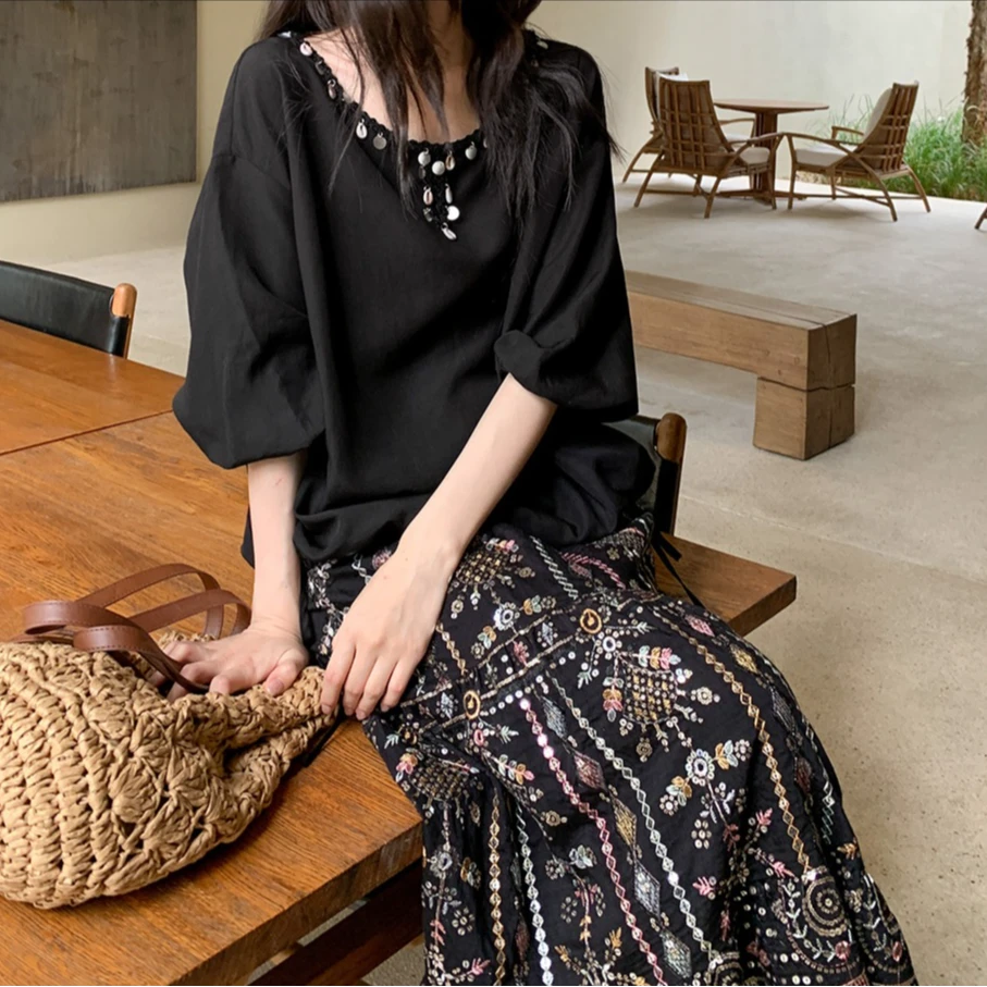 【岩心】大码女装300斤胖MM夏季新款设计感宽松七分袖衬衫867