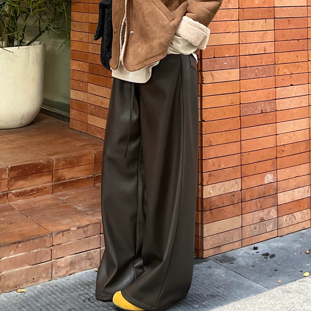 CQG直筒休闲皮裤女秋冬韩版修身显瘦百搭复古裤子2008