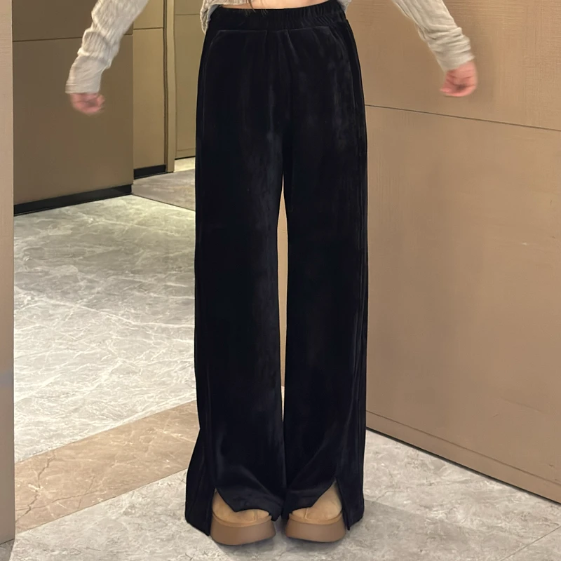 盈盈&南岛风大码宽松显瘦直筒裤女冬雪尼尔加绒开叉阔腿裤ZYY1297