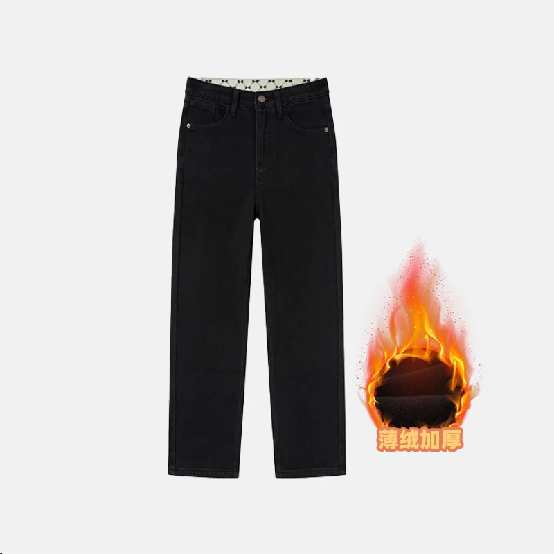 2025秋冬黑色薄绒加厚高腰直筒牛仔裤女小个子新款九分弹力烟管裤