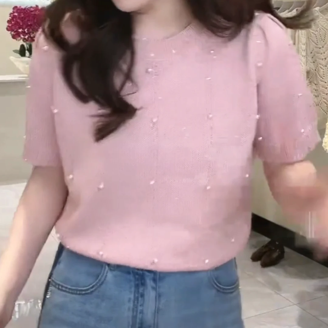 设计感珍珠针织短袖T恤女2025新款春季时尚百搭女士纯色圆领上衣