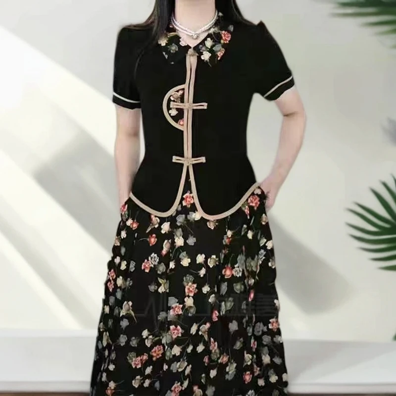 9761-夏季新款新中式国风短袖气质显瘦氧气假二件妈妈装连衣裙