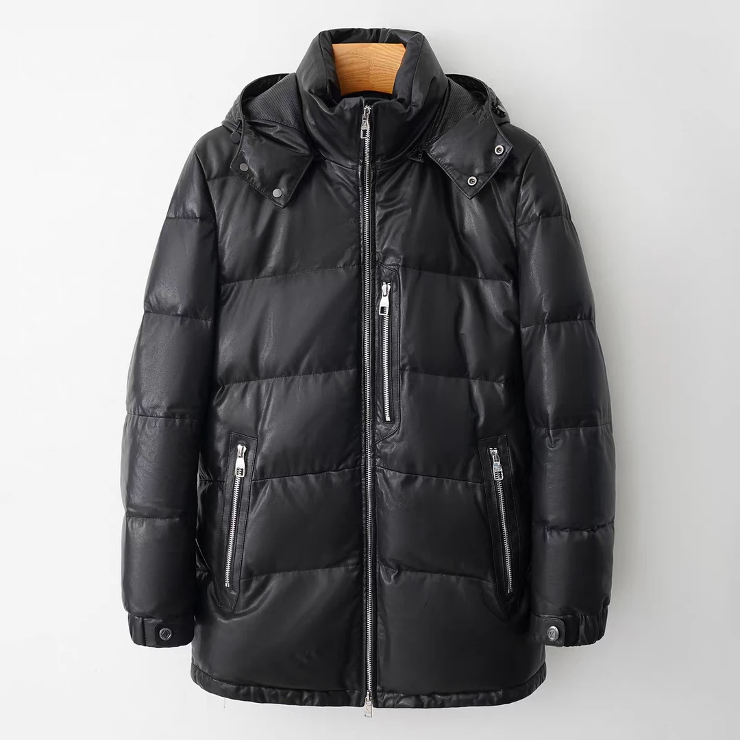 海宁真皮皮衣男羽绒内胆植鞣绵羊皮保暖连帽中长款皮夹克冬款外套