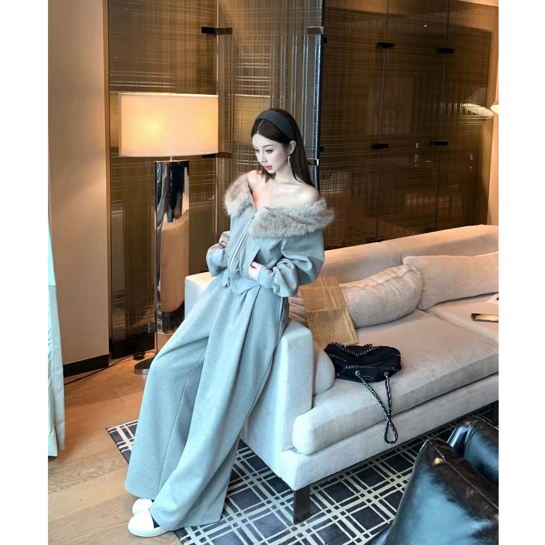 2025秋冬新款懒慵风松弛感露肩毛领卫衣外套配阔腿休闲裤两件套女