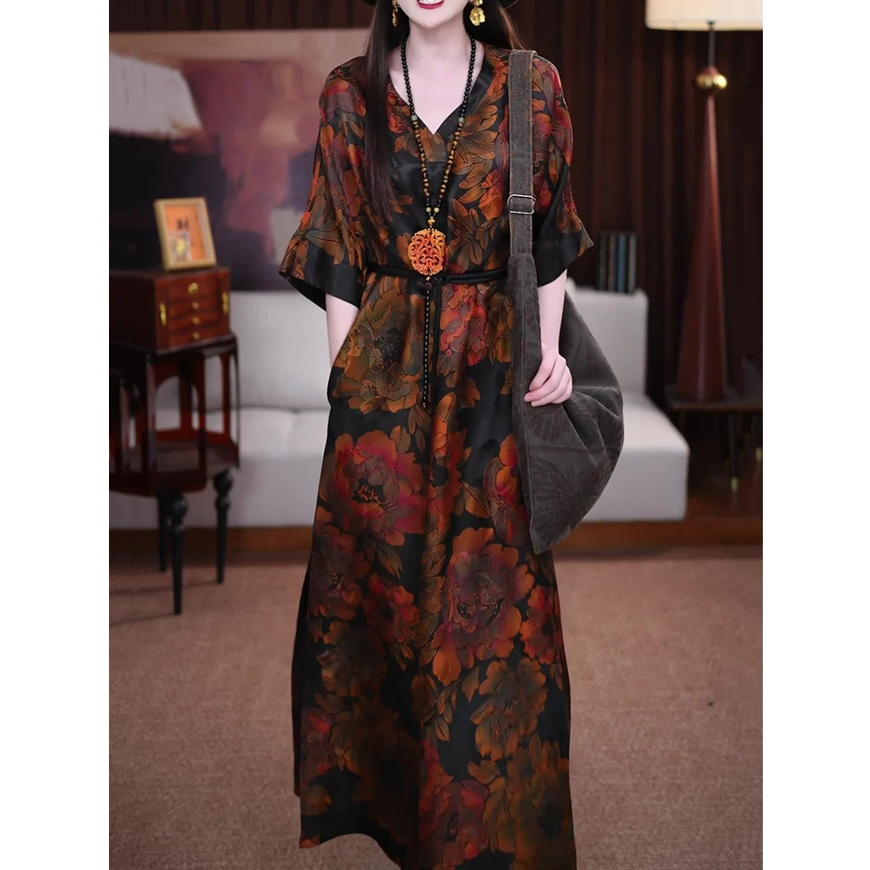 优雅气质时尚连衣裙2025夏装新款中年妈妈装大码宽松显瘦高贵长裙