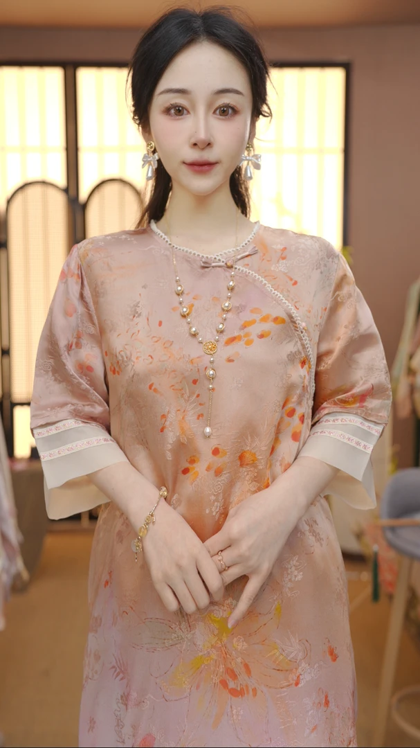 （玉玲珑）2025新中式改良中式斜襟春夏季女装宽松连衣裙YY2503031