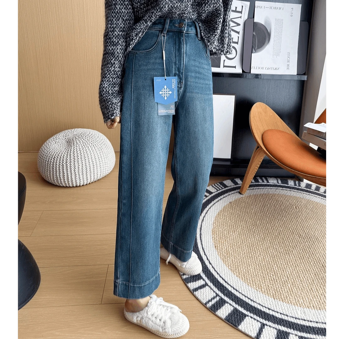 大码蓝色窄版直筒显瘦牛仔裤女秋季款梨形身材高腰弹力百搭九分裤