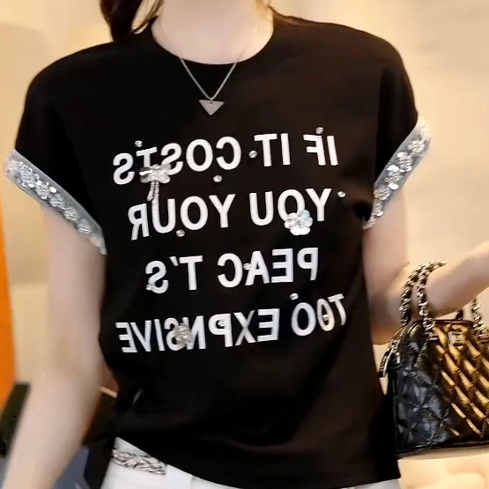 夏季手工亮片花字母收腰显瘦短袖T恤上衣女C5280