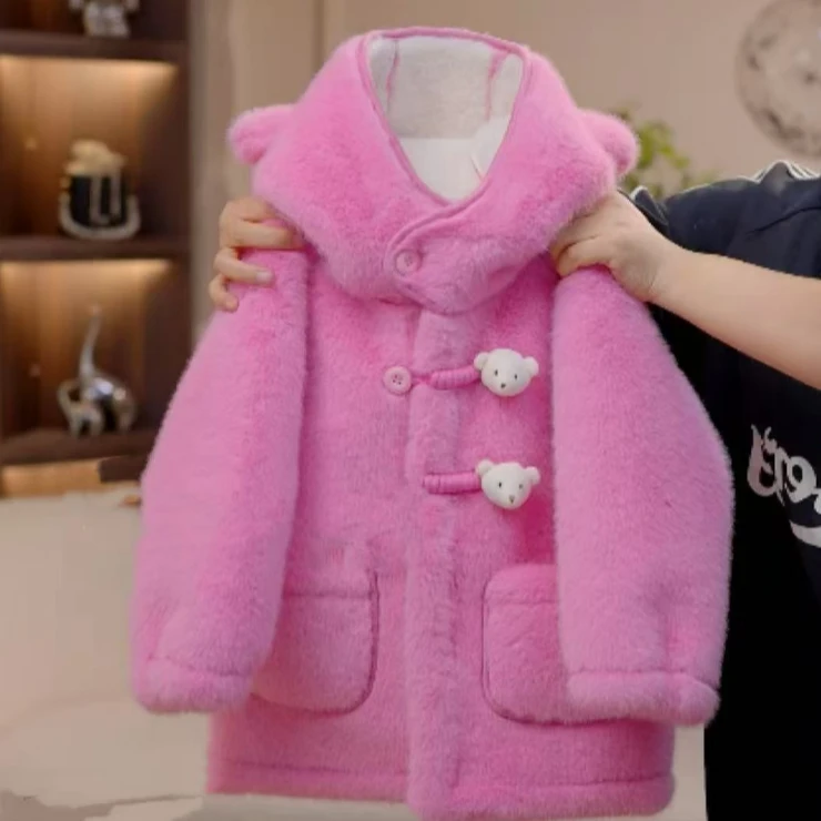2024冬季新款女童卡通加绒加厚连帽毛妮时尚保暖呢大衣外套潮