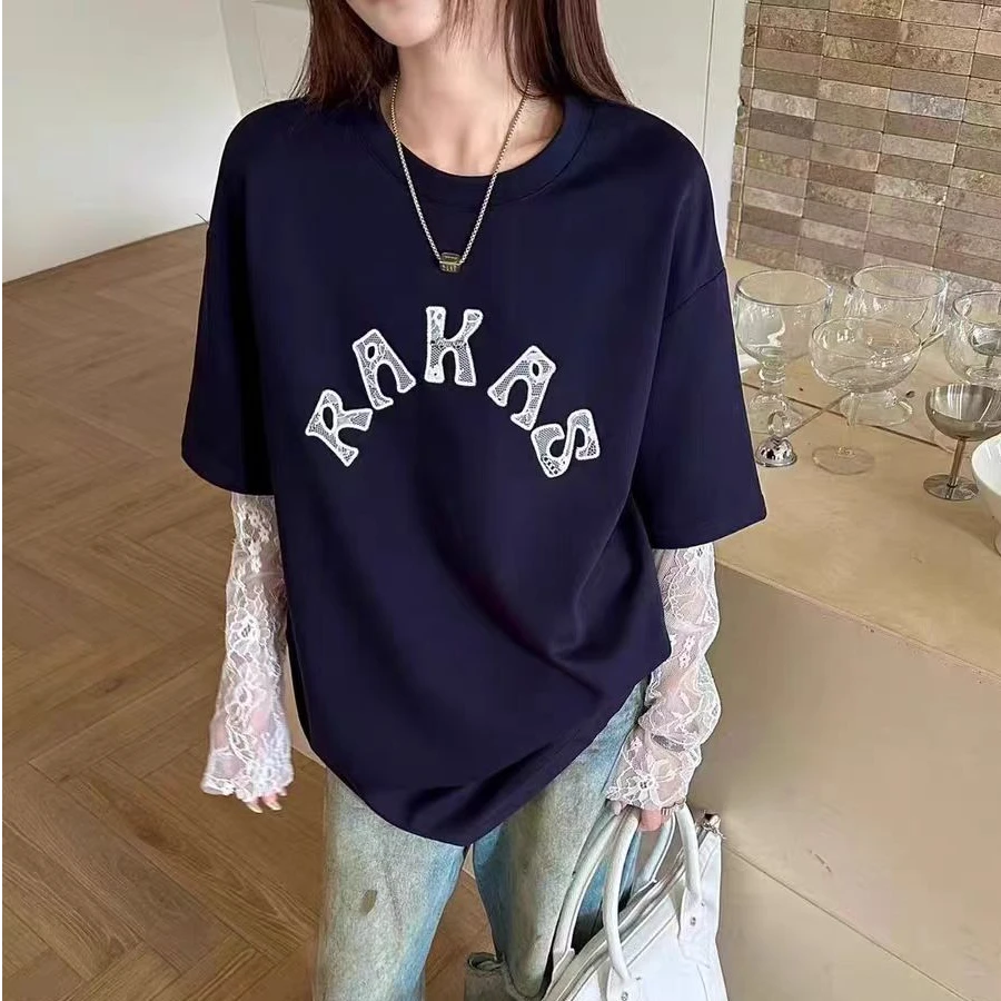 SYL2025新款刺绣字母宽松假两件蕾丝休闲T恤3023