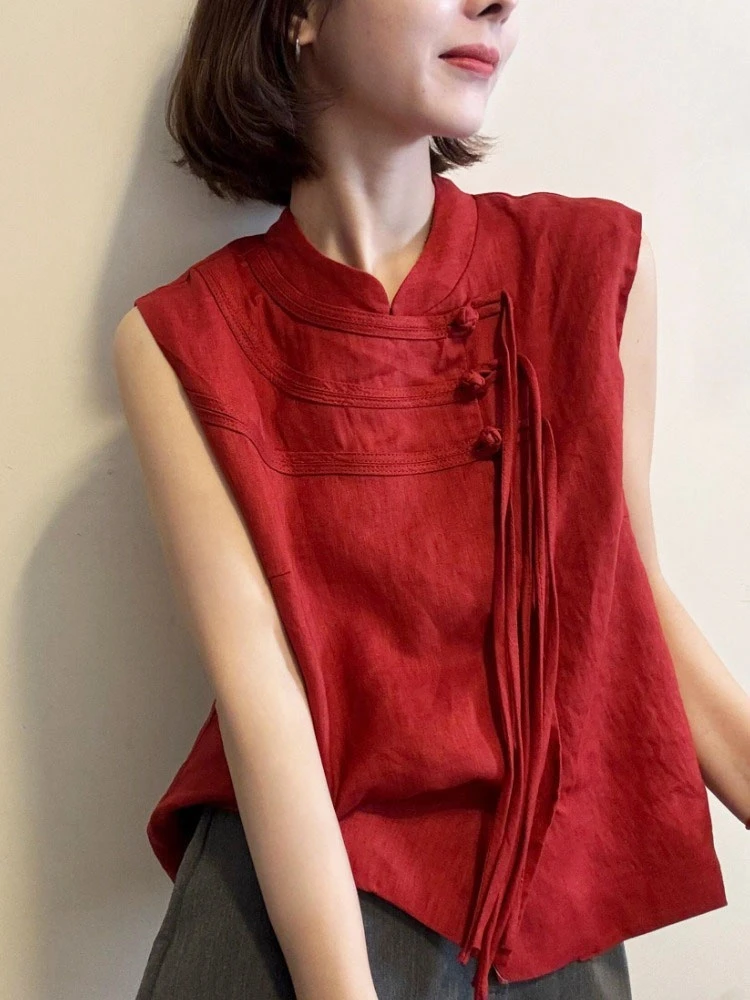 新中式上衣女夏气质轻奢高级设计感独特漂亮减龄别致红色百搭衬衫