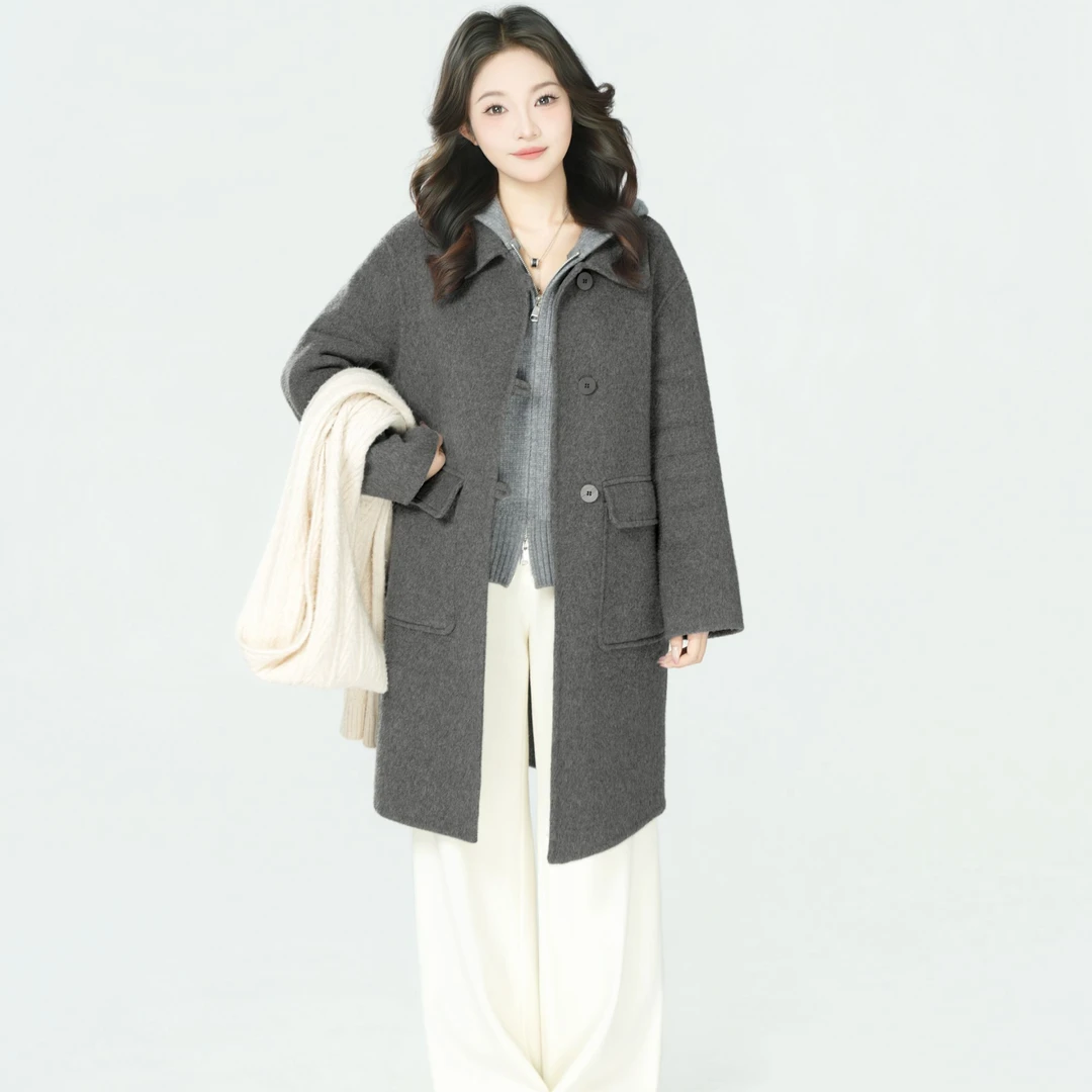 纯色韩版羊毛毛呢大衣翻领单排扣显瘦中长款气质外套556+5599两件