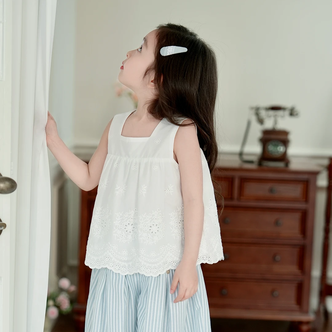 现货【留白】3744女童夏装韩版纯色薄款娃娃衫女宝无袖方领衬衫