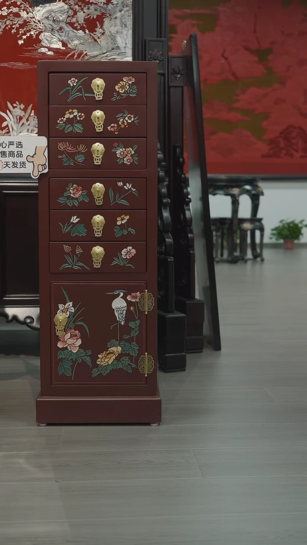 YZQQ刻漆仿红木底作色花鸟六抽一门几 预售