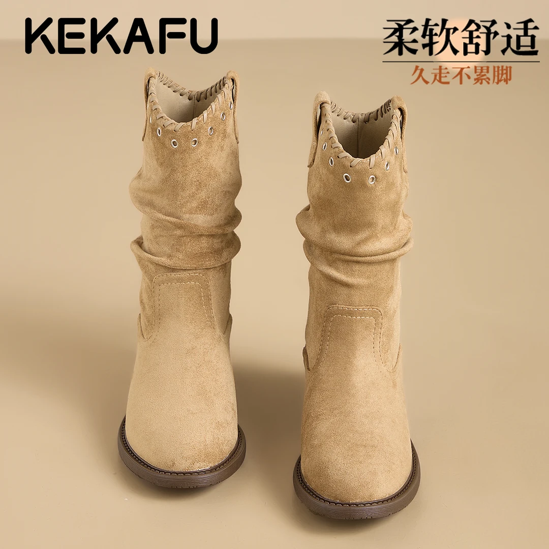 珂卡芙时尚舒适休闲靴女2025冬季复古潮流时装靴简约不累脚堆堆靴