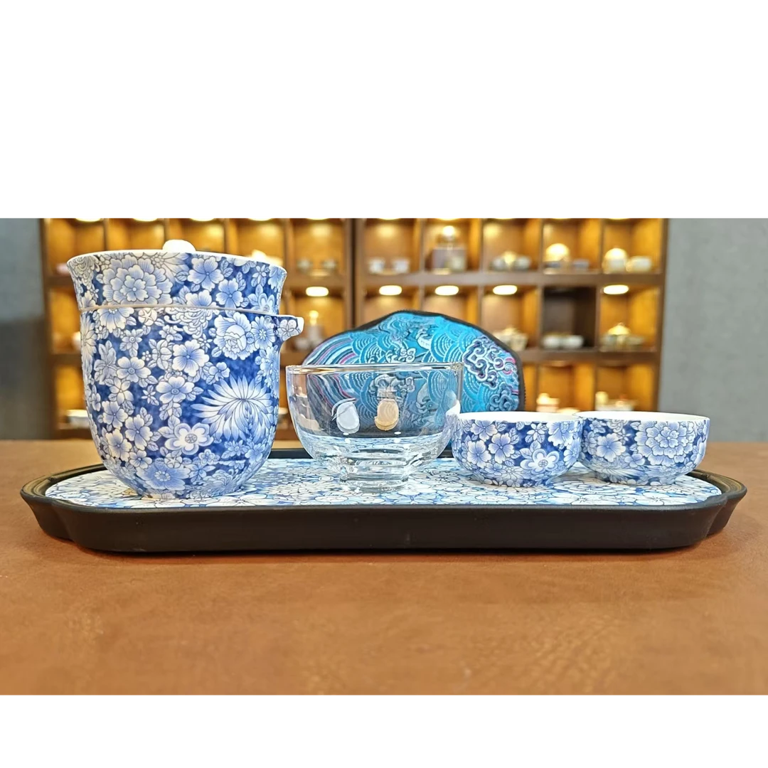 青花旅行茶具一壶三杯带茶盘mc072