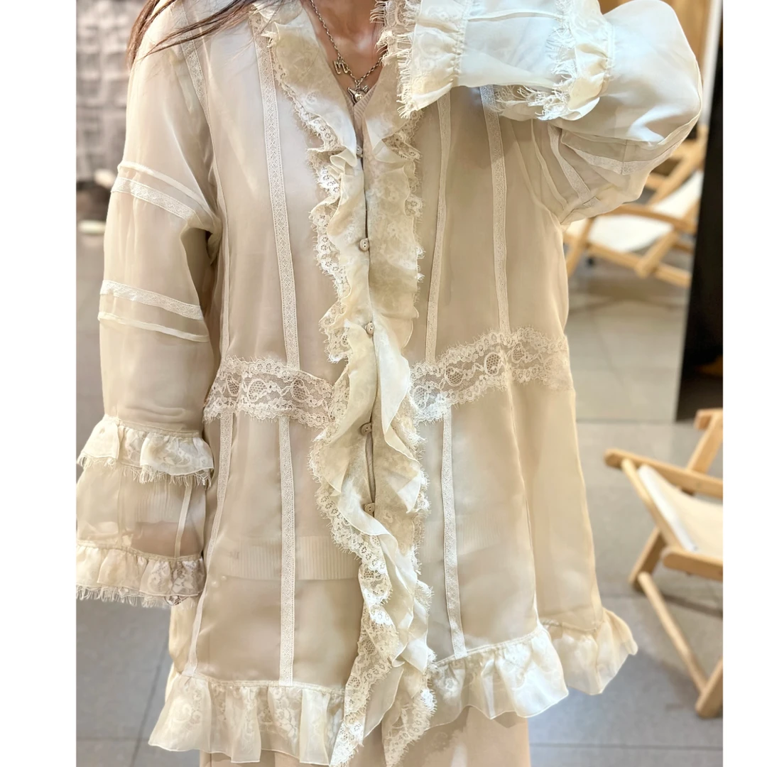 Bahati~设计师款桑蚕丝叠穿气质网纱透明荷叶边衬衫上衣女